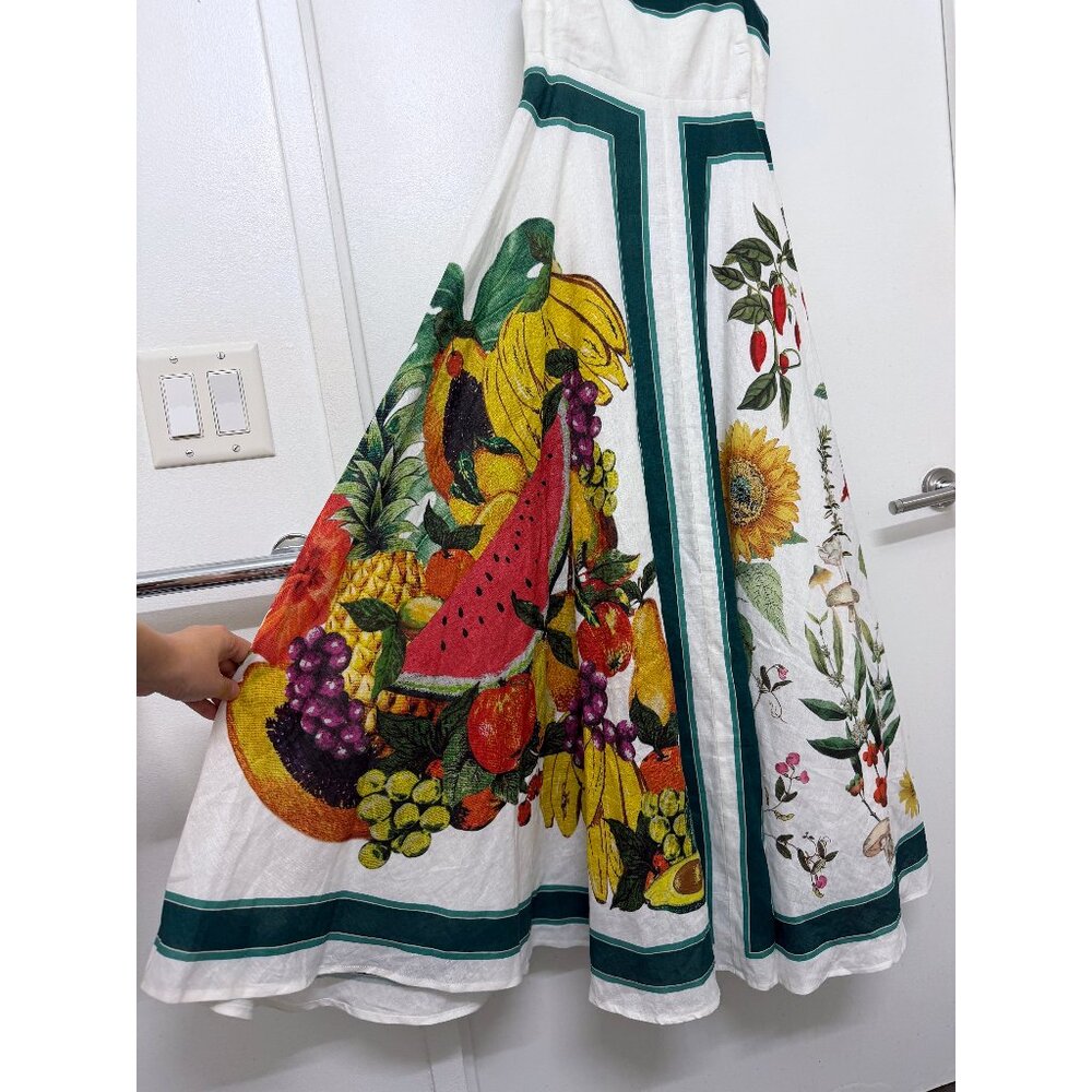 NWT Alemais Frutta Midi Sun Dress White Green Floral Fruit Stripe Linen AU 8 US4 - Picture 9 of 16